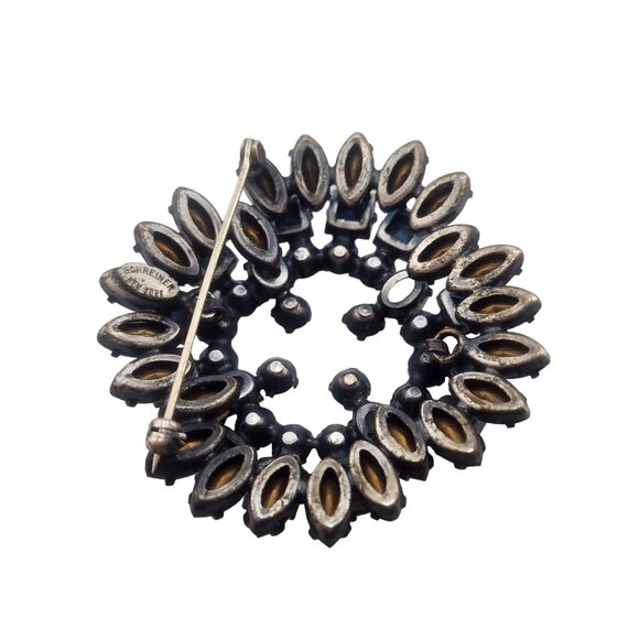 Signed Schreiner NY Turquoise Matrix Glass and Rhinestone Layered Brooch (A4944) - Picture 6 of 7